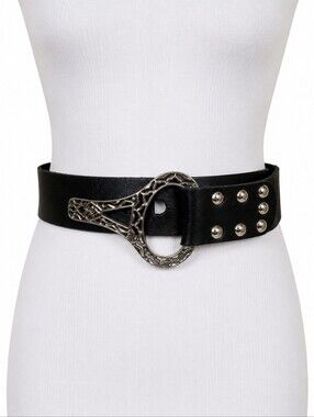 Chico's Genuine Leather Black Wide Belt Silver Filigree Statement Buckle Size S
